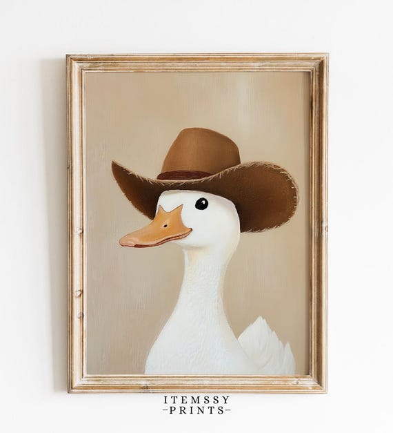 Silly Cowboy Goose Print Western Nursery Art Neutral Brown Wall Decor Boys Room Fun Kids Gift Cowboy Hat Poster