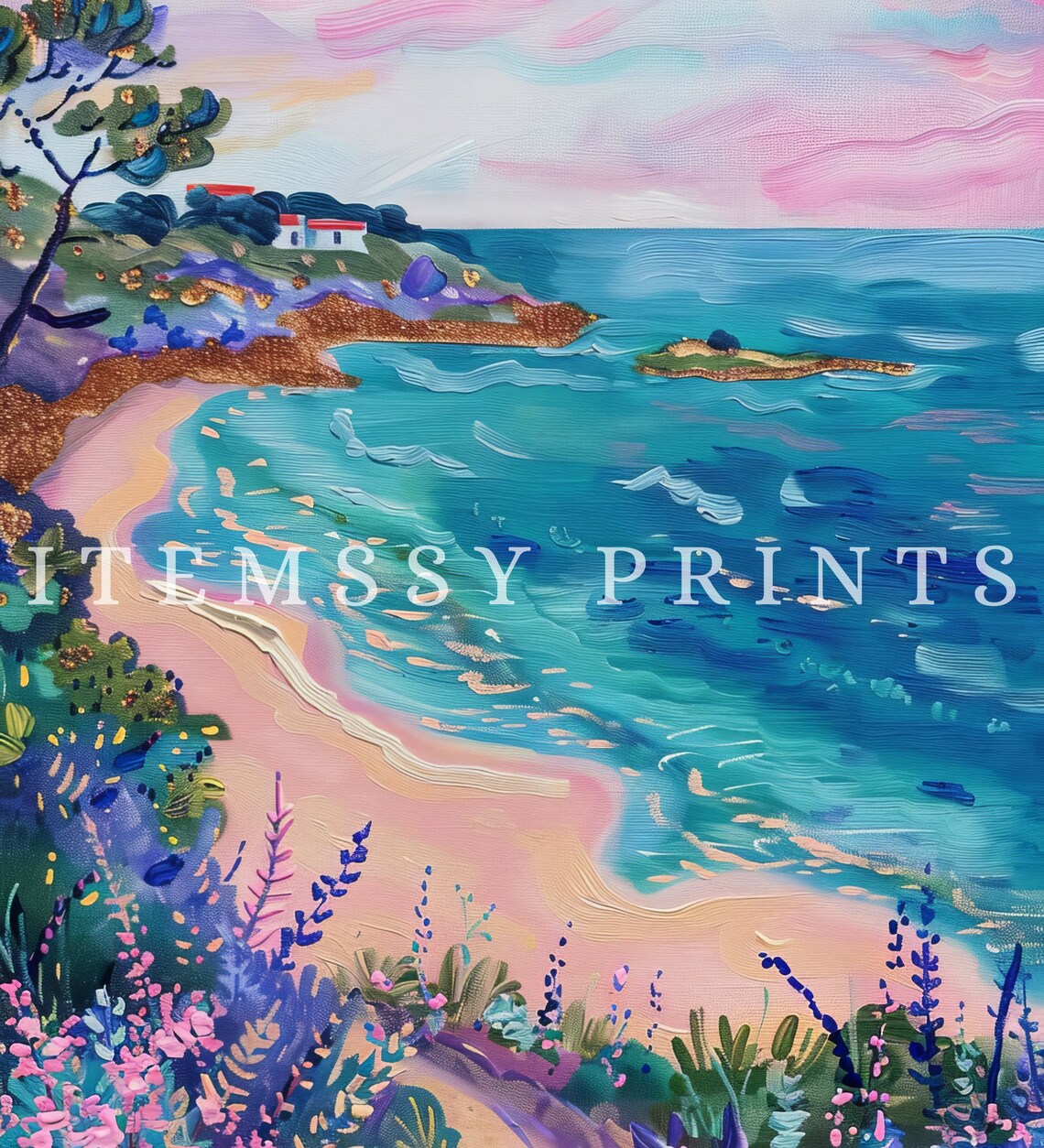 Pink Sunset Seascape Beach Cove Wildflower Oil Painting Poster - Image 2