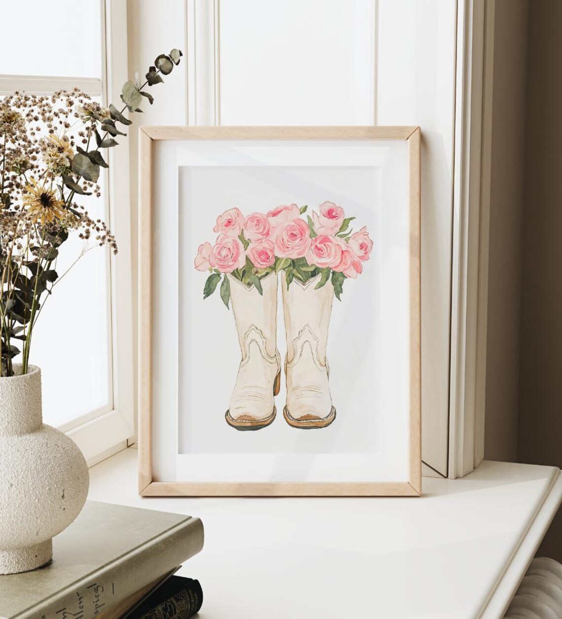 White Cowboy Boots With Pink Roses Western Watercolor Girl Wall Poster - Image 3