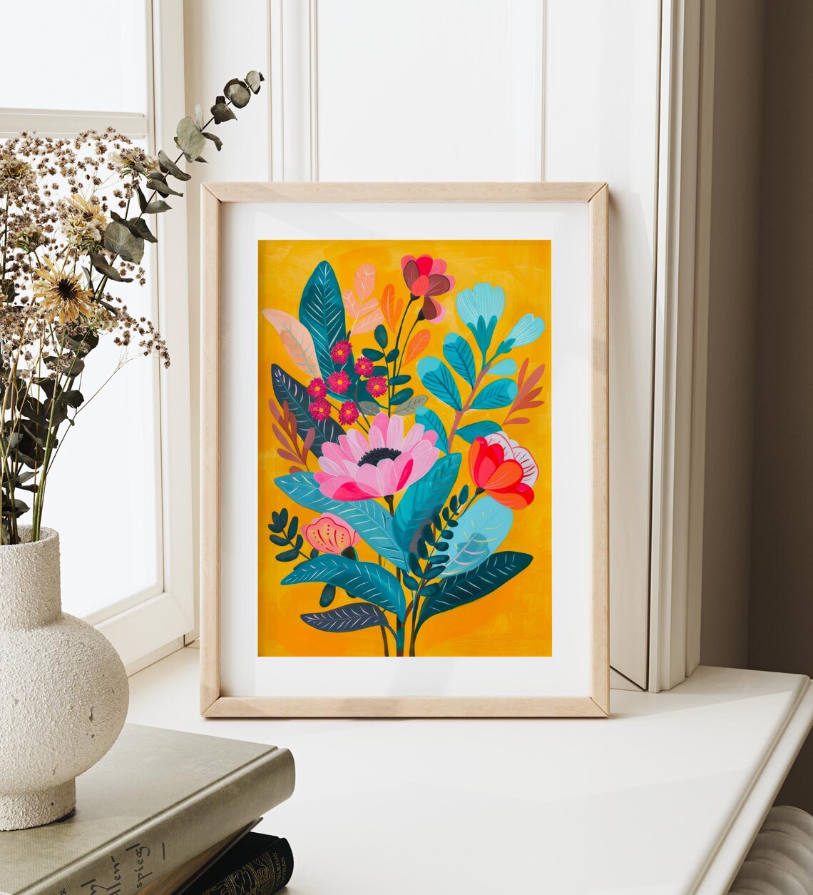 Bold Botanical Floral Art Pink Blooms Teal Leaves Yellow Poster - Image 3