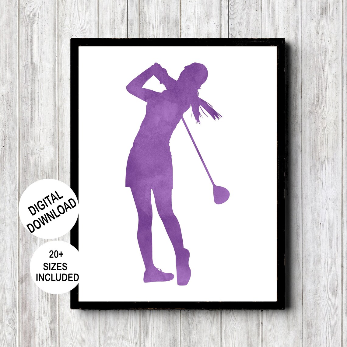 Womens Golf Poster Decor Female Golfer Driving Pose Silhouette Wall Art Ladies Golf Gift Purple Watercolor Golf Girl For Teen Room
