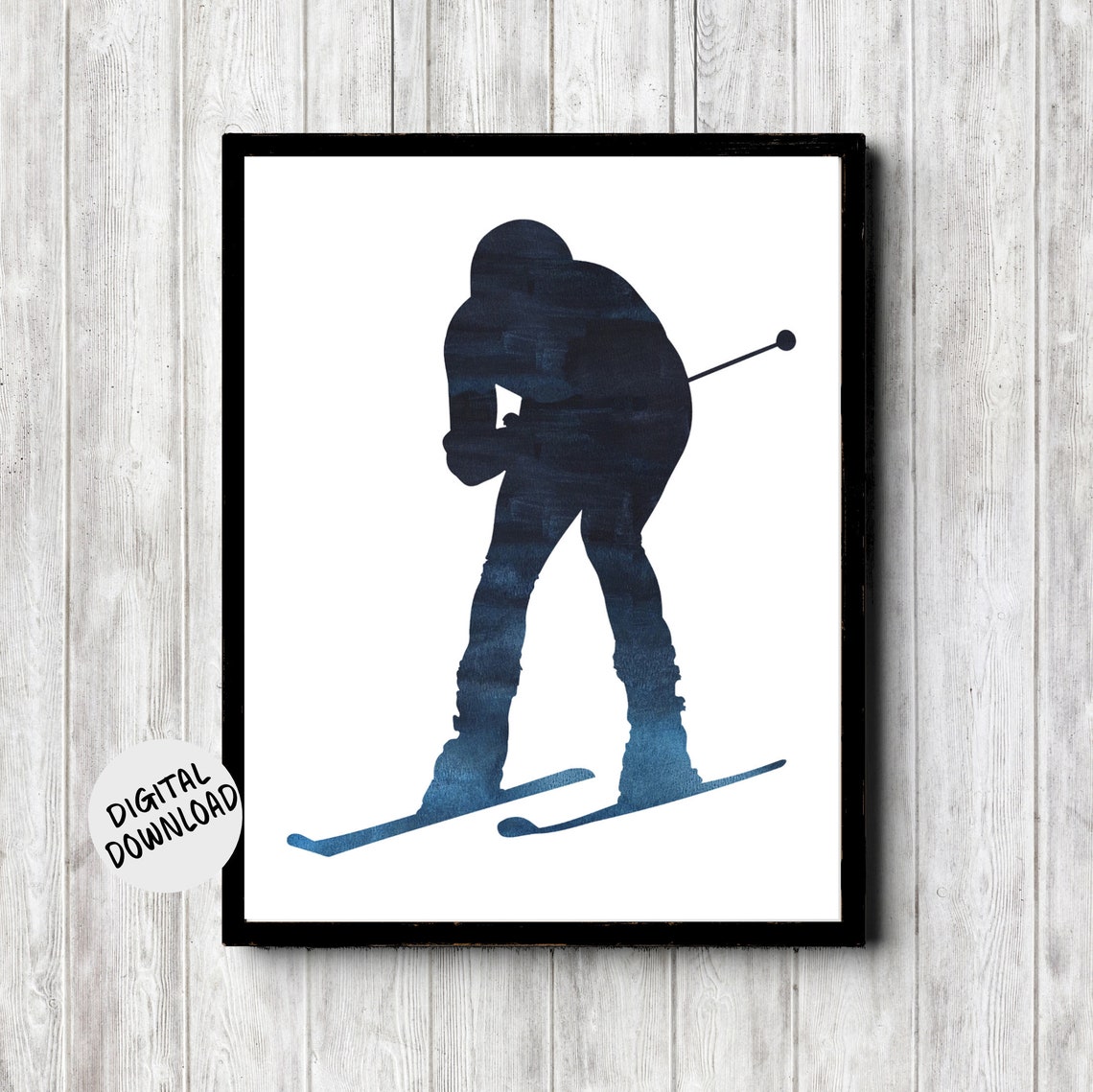 Downhill Skier Navy Blue Watercolor Silhouette Winter Sport Poster