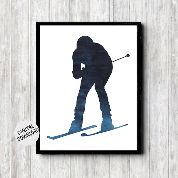 Downhill Skier Navy Blue Watercolor Silhouette Winter Sport Poster