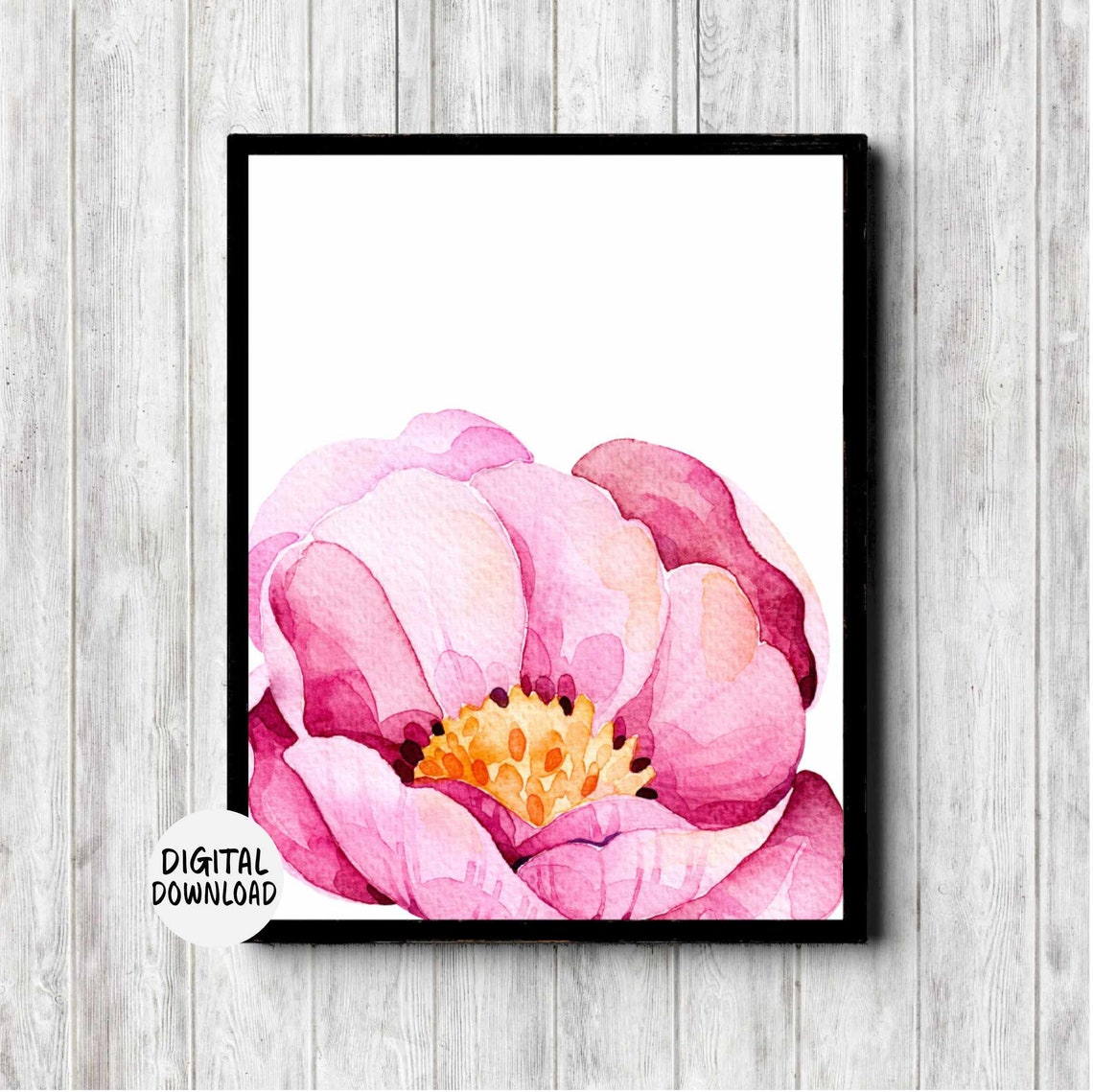 Bright Pink Peony Watercolor Floral Close Up Botanical Art Poster