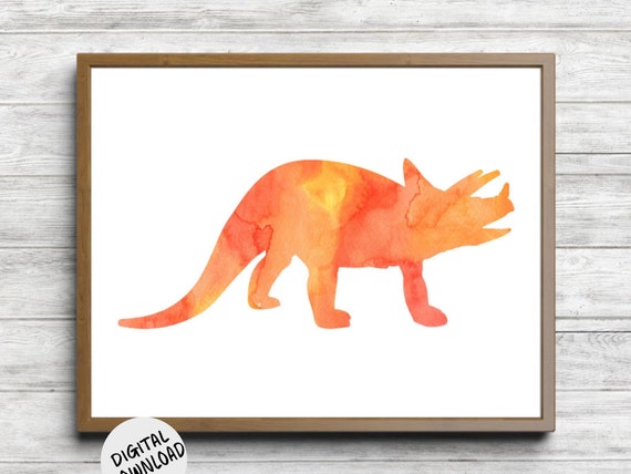 Watercolor Dinosaur Wall Decor Orange Boys Girls Room Wall Art Triceratops Poster Dinosaur Gift For Kids