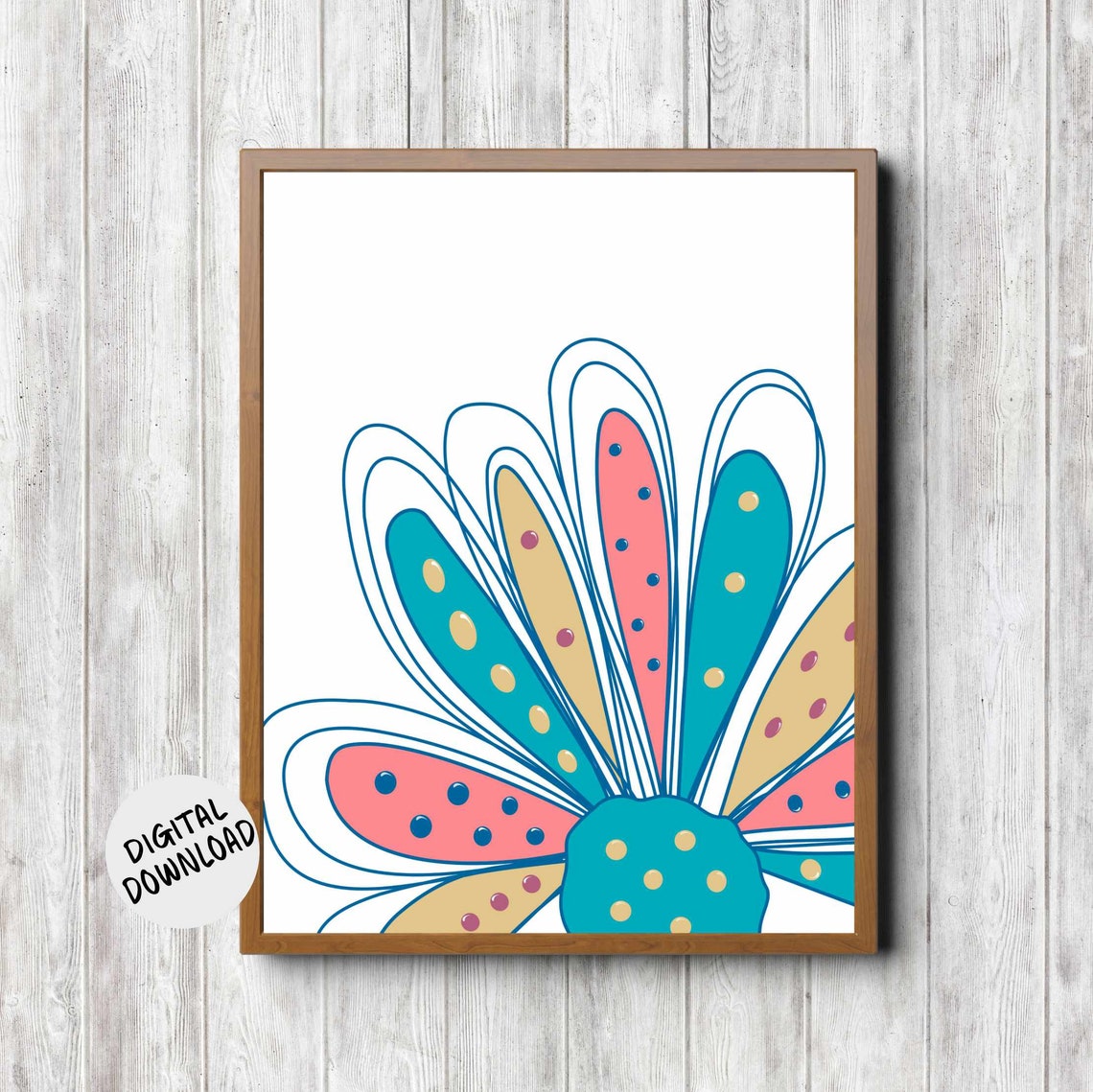 Coral Teal Yellow Dotted Flower Whimsical Floral Wall Poster