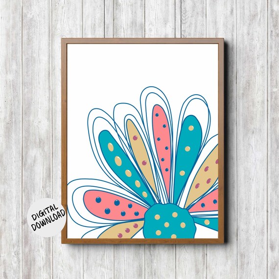 Turquoise Coral Single Flower Large Flower Wall Art Floral Nursery Girls Room Baby Shower Decor