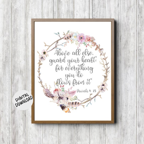 Proverbs 4 23 Scripture Wall Art Boho Watercolor Wreath Bible Verse Scripture Nursery Girls Room Print Christian Gift For Her