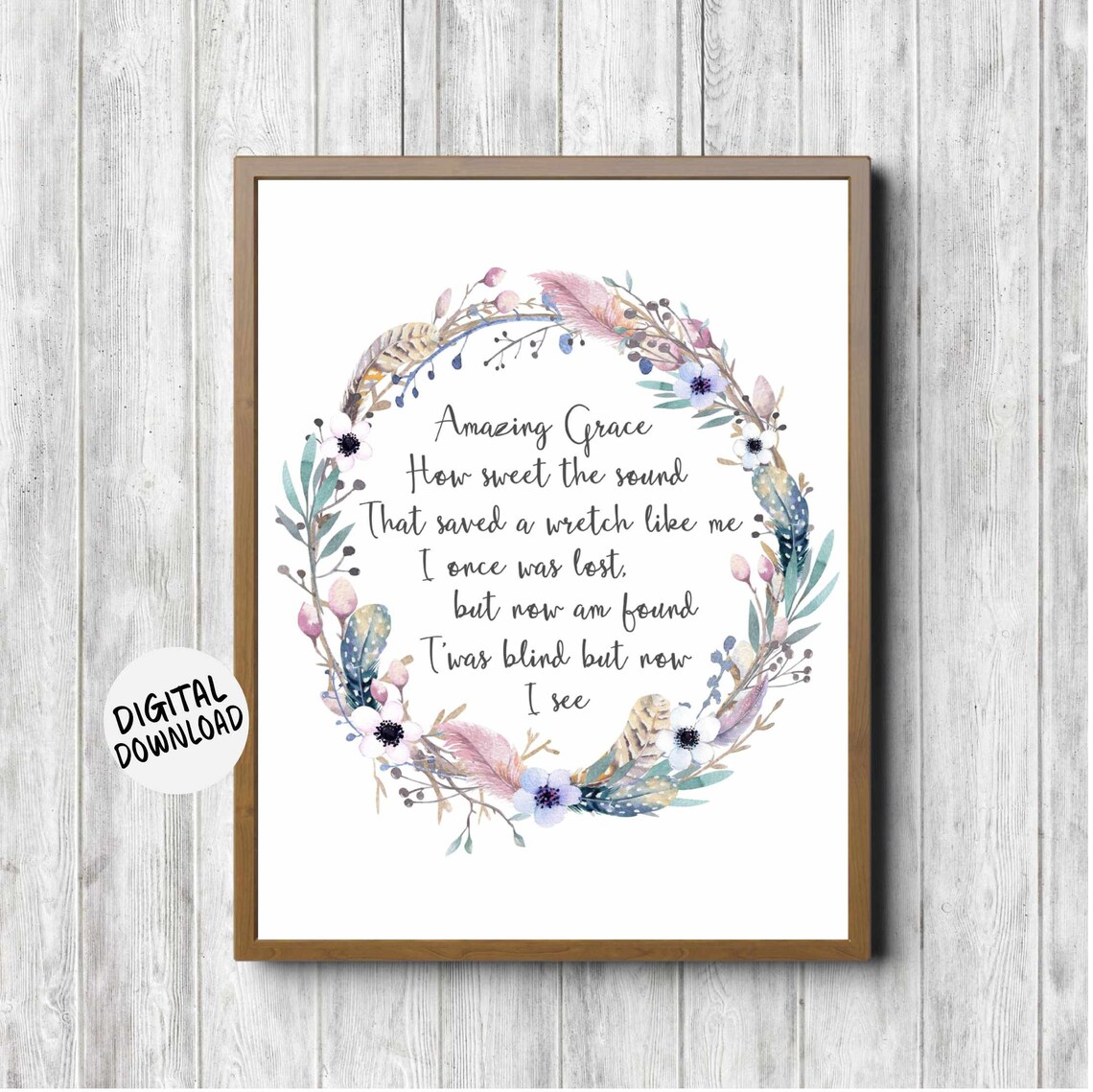 Amazing Grace Hymn Lyrics Watercolor Feather Floral Wreath Wall Decor Poster