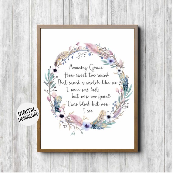 Amazing Grace Hymn Lyrics Watercolor Feather Floral Wreath Wall Decor Poster