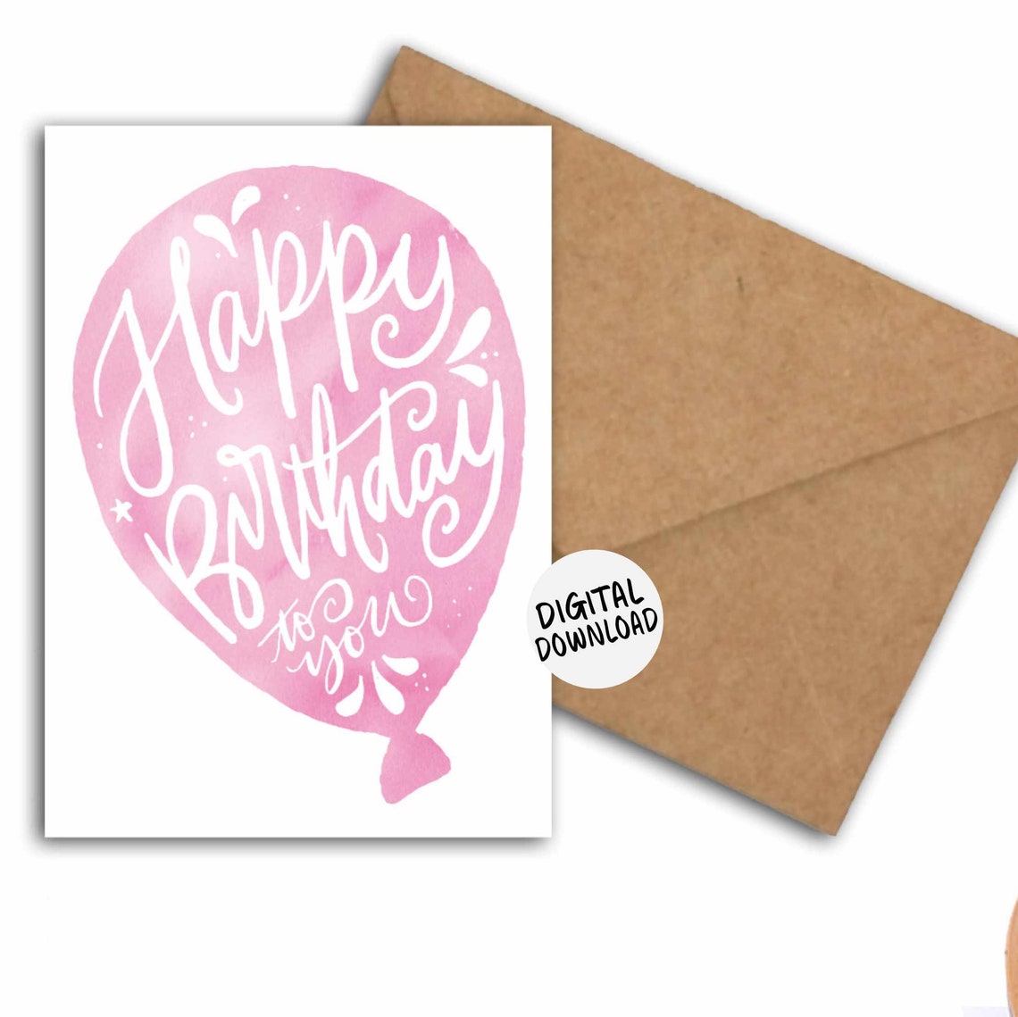 Pink Watercolor Balloon Happy Birthday Script Greeting Card Print