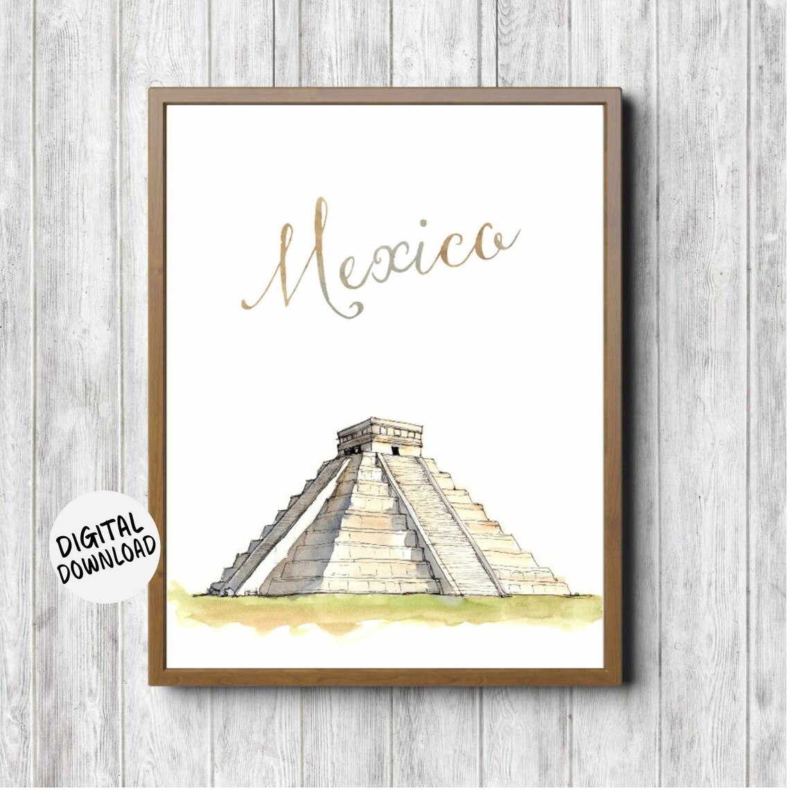 Mexico Travel Poster, Watercolor El Castillo Landmark
