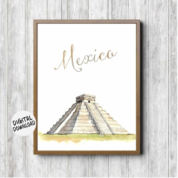 Mexico Travel Poster, Watercolor El Castillo Landmark