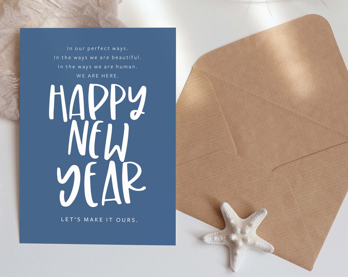 Happy New Year Blue Greeting Card Style Minimal Holiday Quote Poster