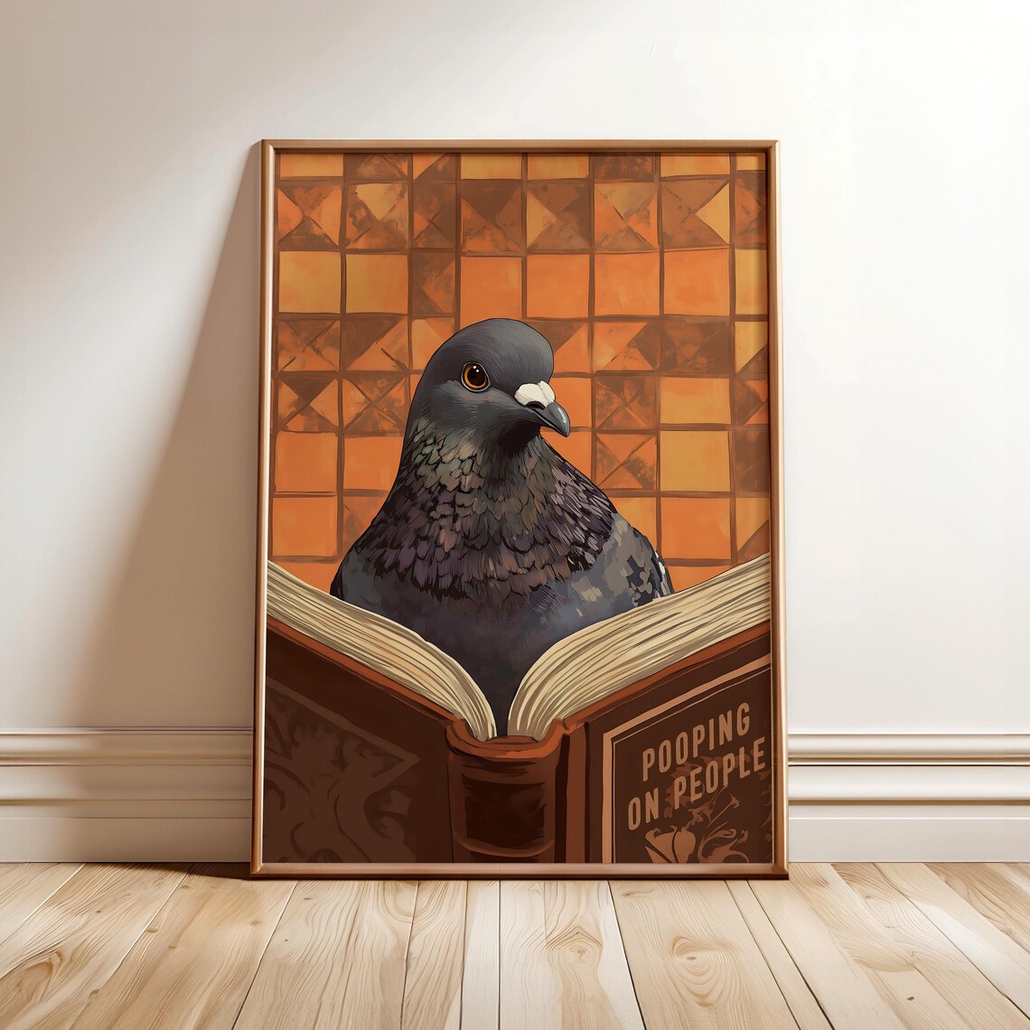Funny Pigeon Reading Pooping on People Book Poster Humorous Bathroom Art