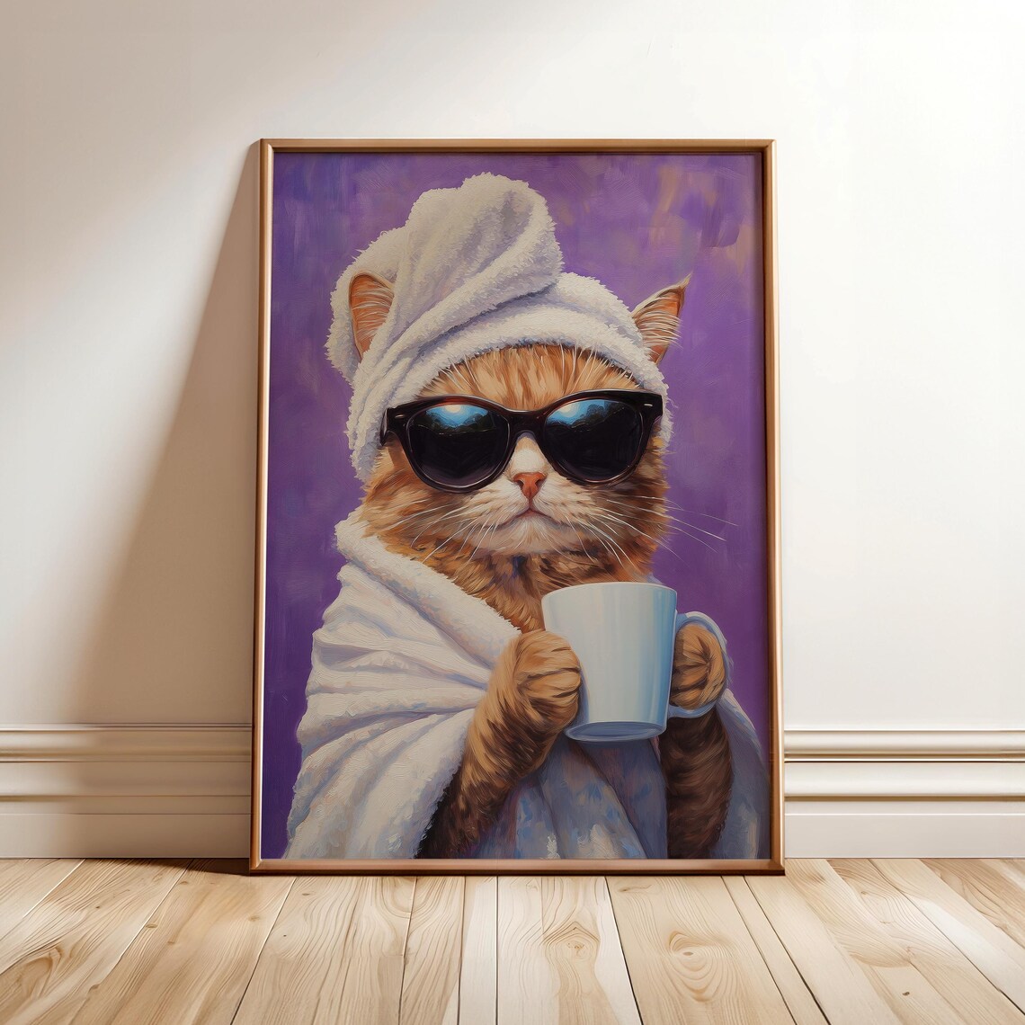 Cool Orange Cat In Towel Sunglasses Holding Coffee Funny Animal Poster