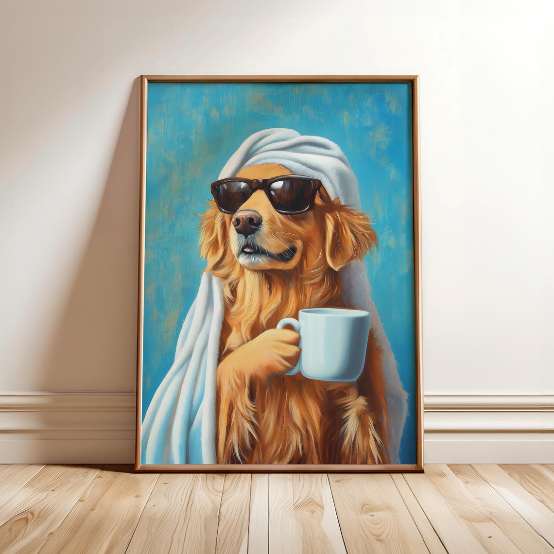 Funny Golden Retriever Spa Day Coffee Cup Sunglasses Turquoise Poster