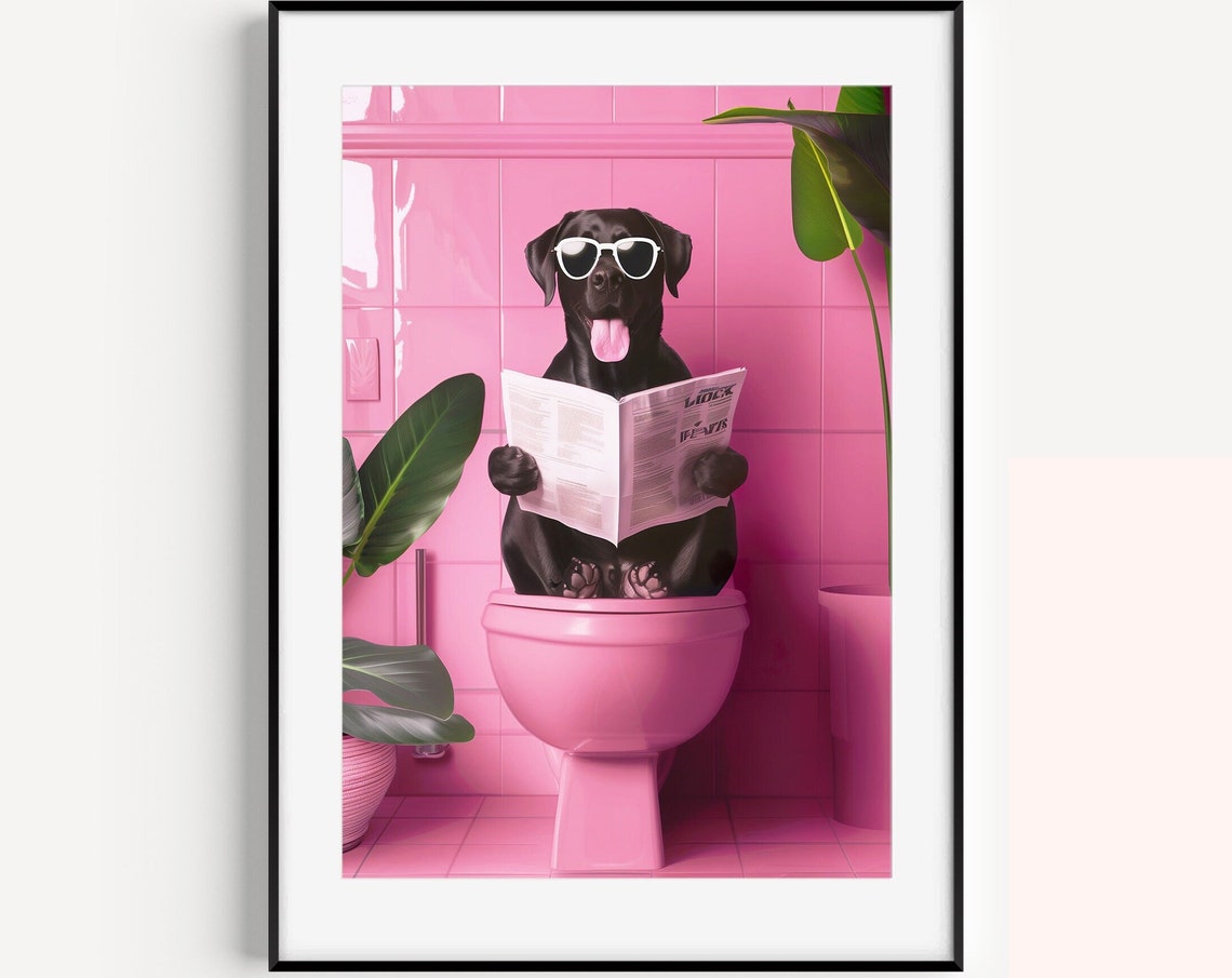 Black Labrador Reading Newspaper Pink Bathroom Funny Dog Poster