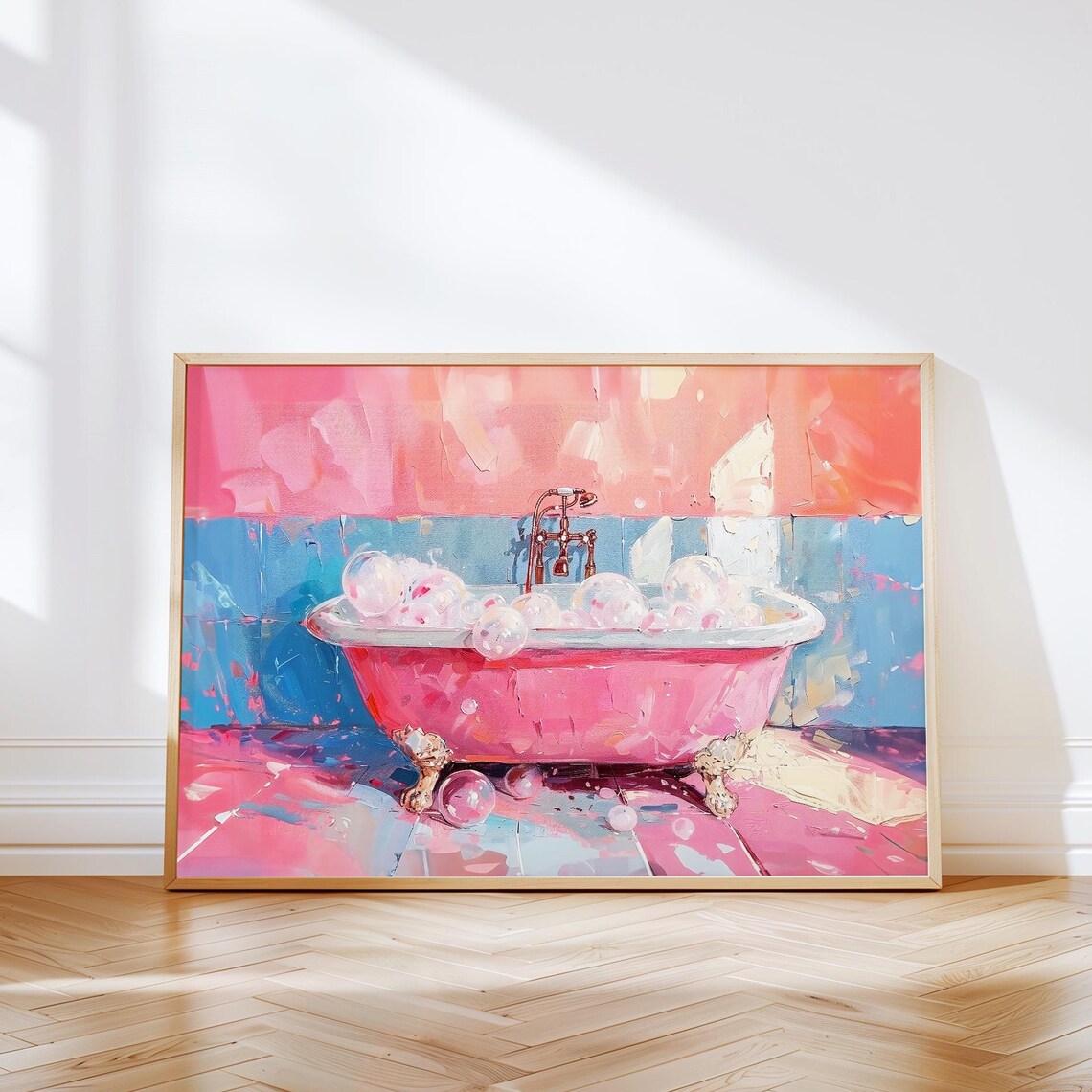 Bathtub Art Print, Trendy Pink Bubble Bath Decor