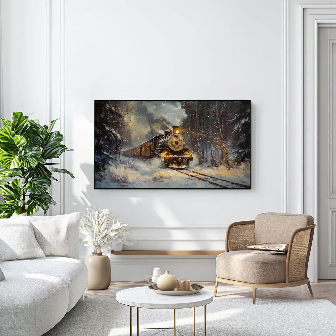 Steam Locomotive Snowy Forest Golden Headlight Winter Train Poster - Image 2