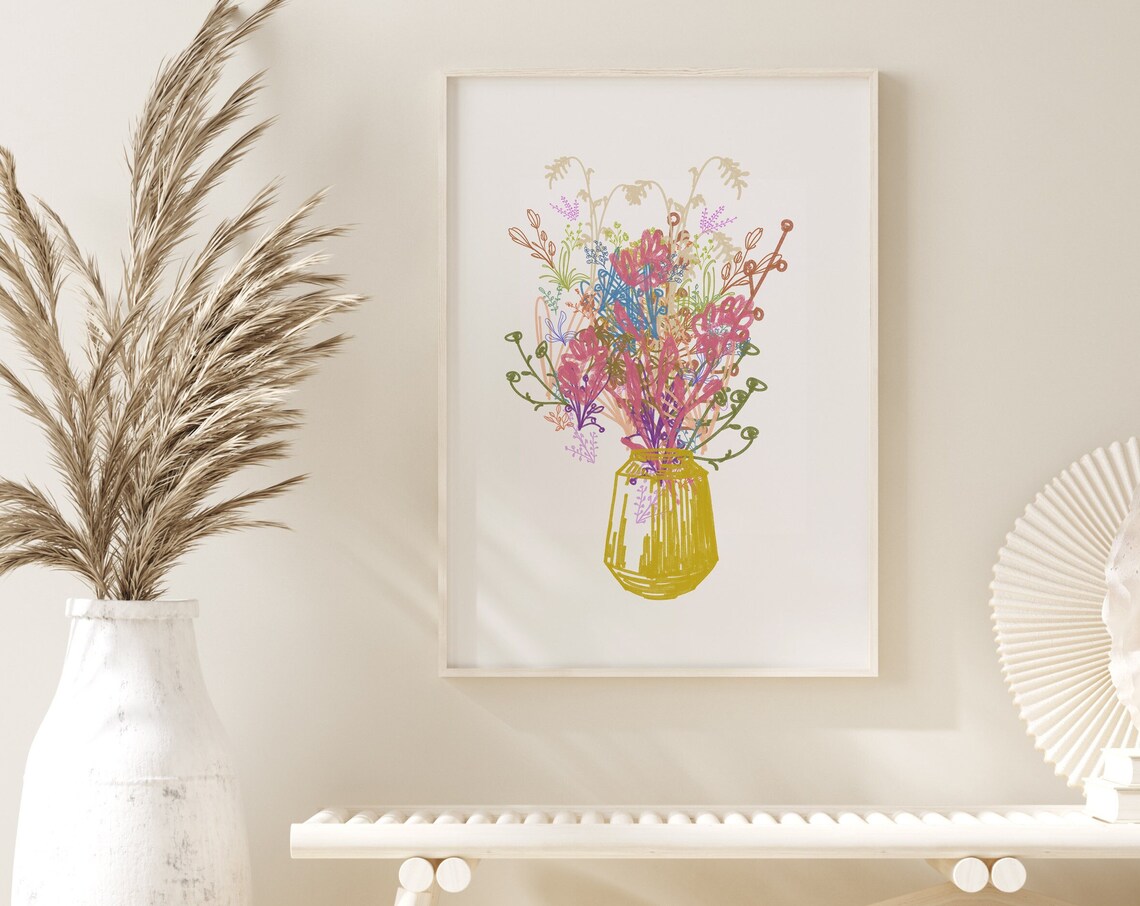 Colorful Wildflower Bouquet Mustard Vase Line Art Gallery Poster