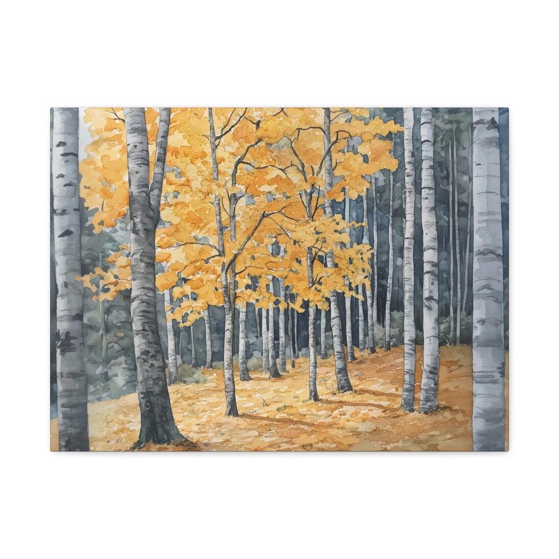 Golden Birch Trees in Autumn Watercolor Forest Landscape Wall Art - Image 3