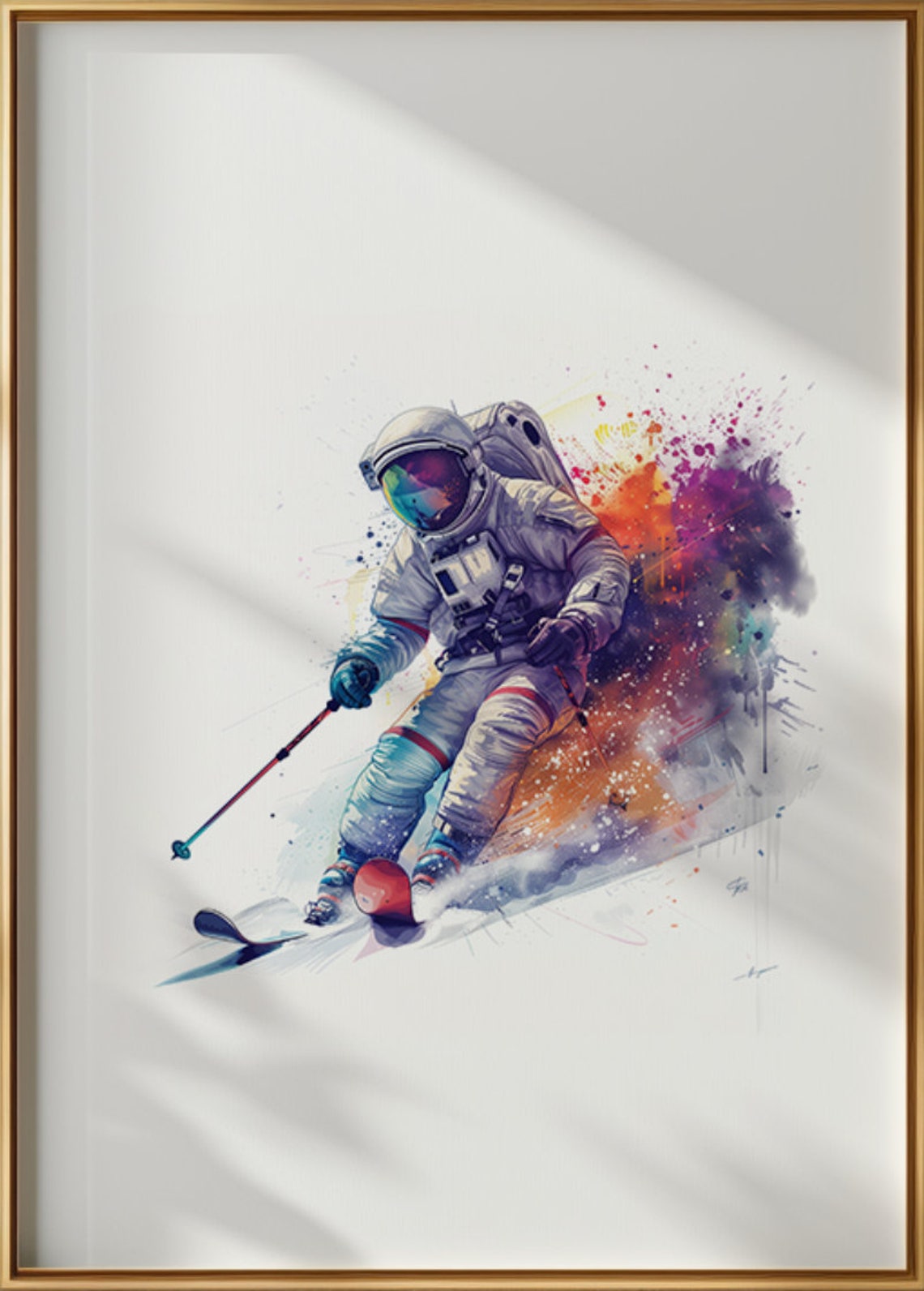 Astronaut Skiing In Watercolor With Cosmic Paint Splash Poster - Image 3