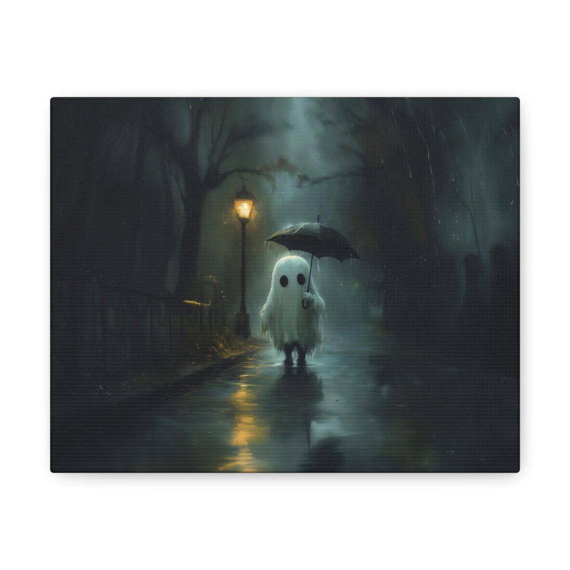 Little Ghost Umbrella Rainy Night Street Cute Halloween Poster - Image 3