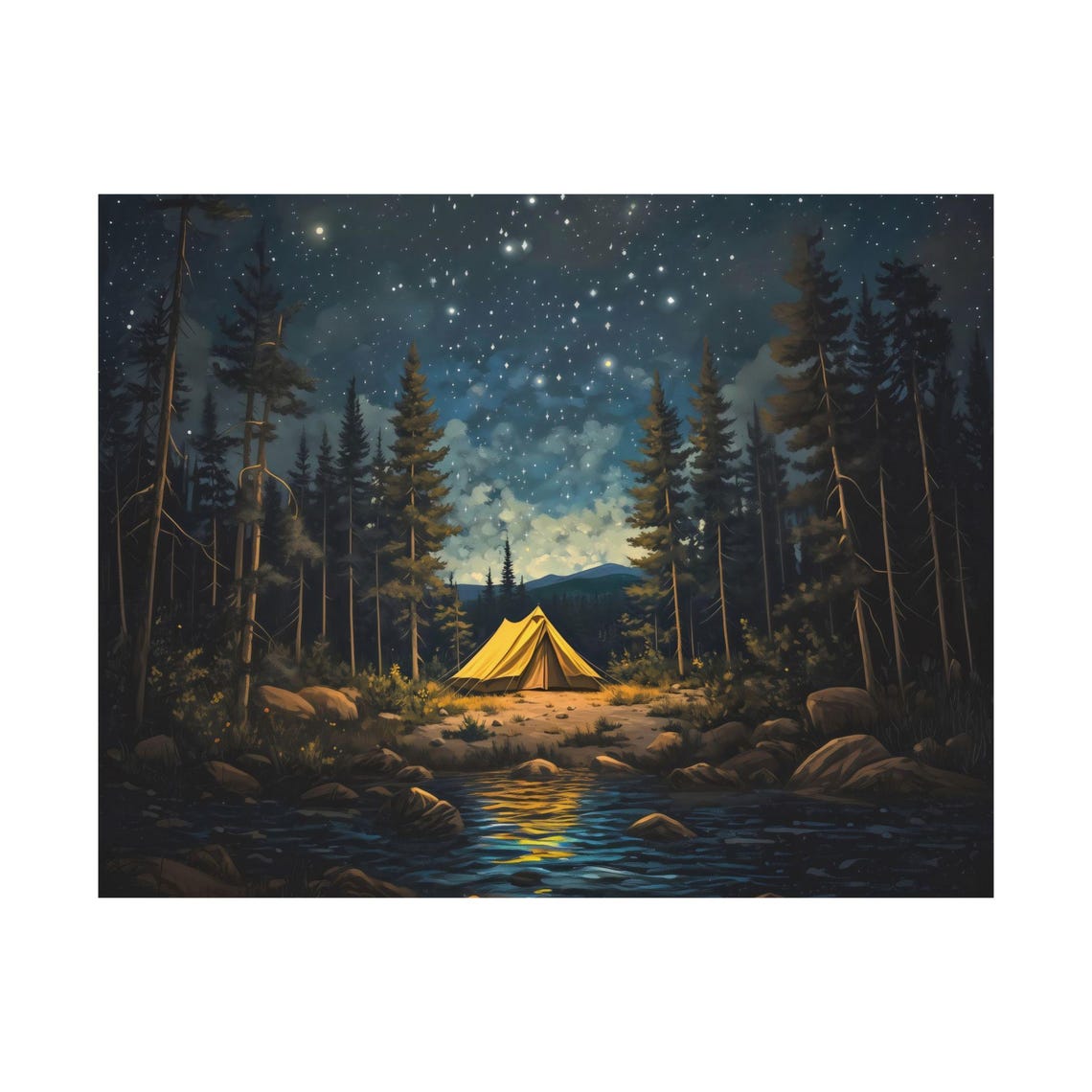 Yellow Tent Under Starry Night Sky By Mountain Stream Poster - Image 3