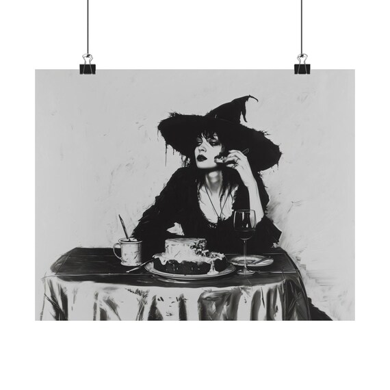 Gothic Witch Eating Cake Black White Wine Table Halloween Art Poster