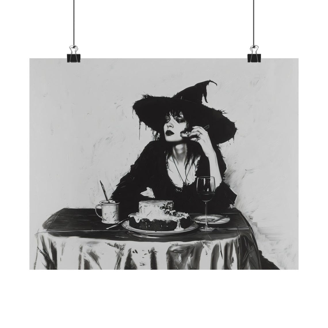 Gothic Witch Eating Cake Black White Wine Table Halloween Art Poster