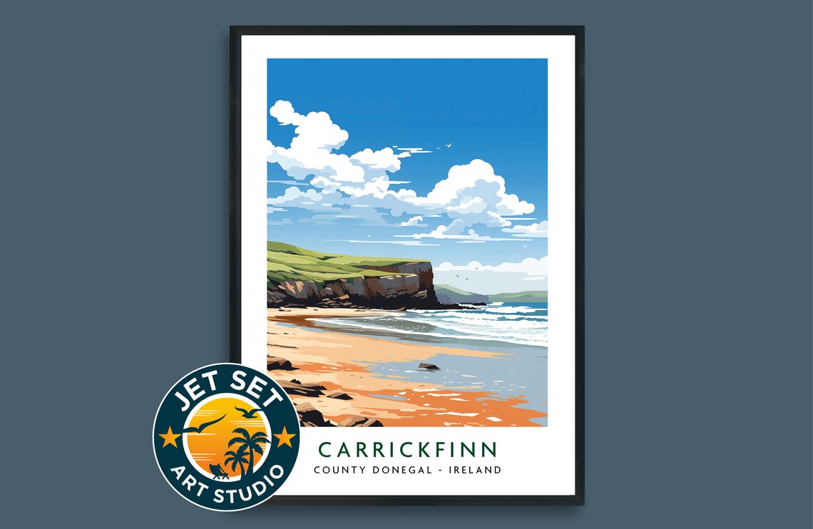 Carrickfinn Beach Donegal Ireland Poster Rocky Coast Vintage Travel Scene