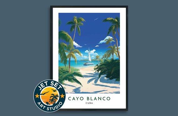 Cayo Blanco Cuba Tropical Beach Palm Trees Vintage Travel Poster