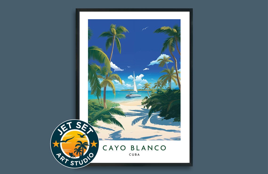 Cayo Blanco Cuba Tropical Beach Palm Trees Vintage Travel Poster
