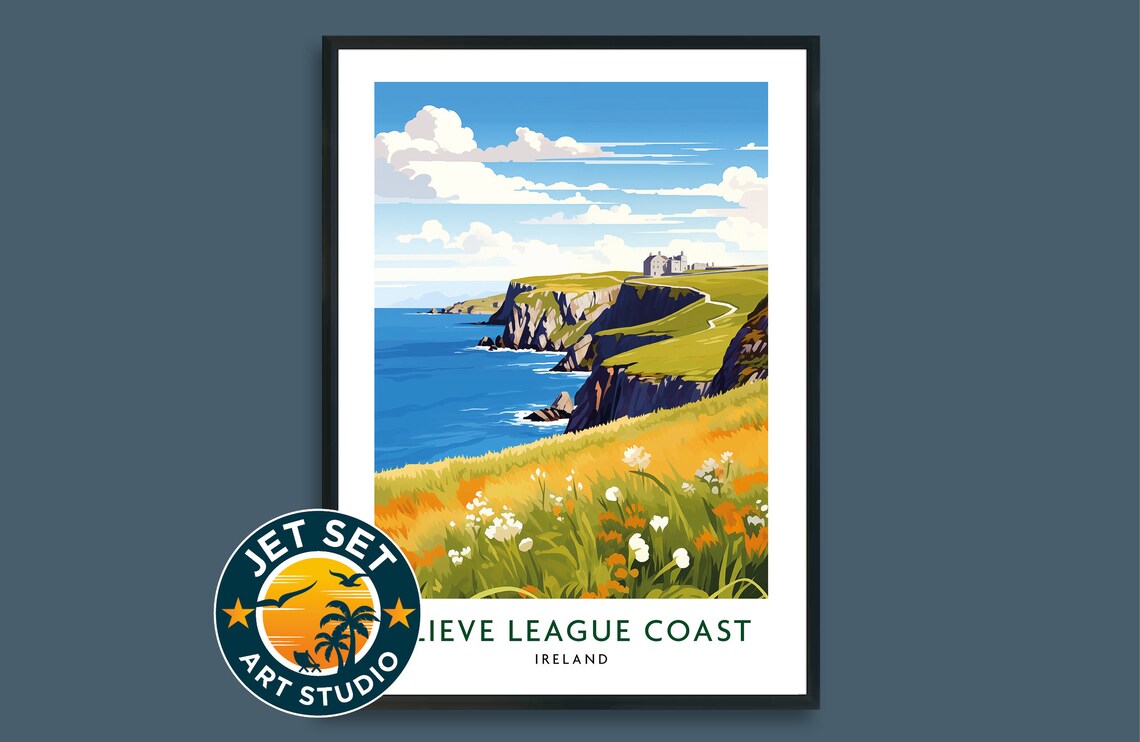 Slieve League Coast Ireland Cliffs Vintage Illustrated Travel Poster