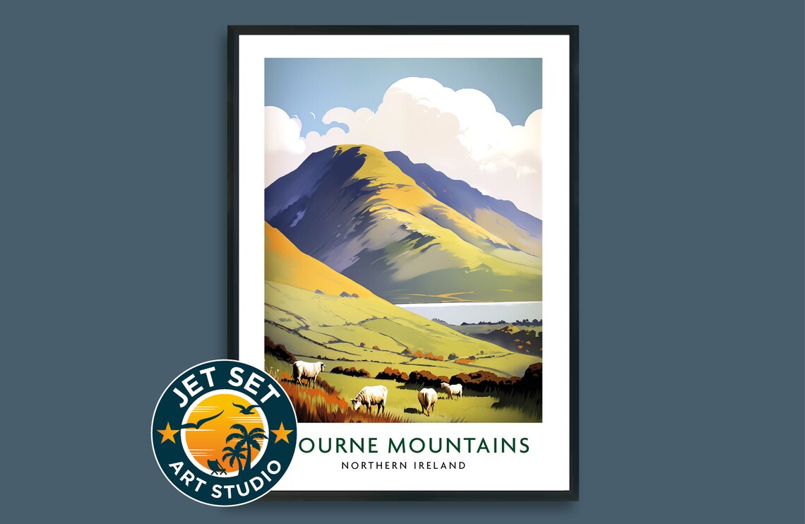Mourne Mountains Northern Ireland Poster Sheep Pasture Vintage Travel Scene