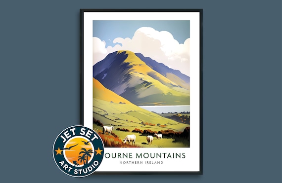 Mourne Mountains Northern Ireland Poster Sheep Pasture Vintage Travel Scene