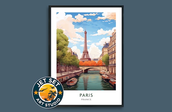 Paris France Eiffel Tower Seine River Bridge Illustration Travel Poster