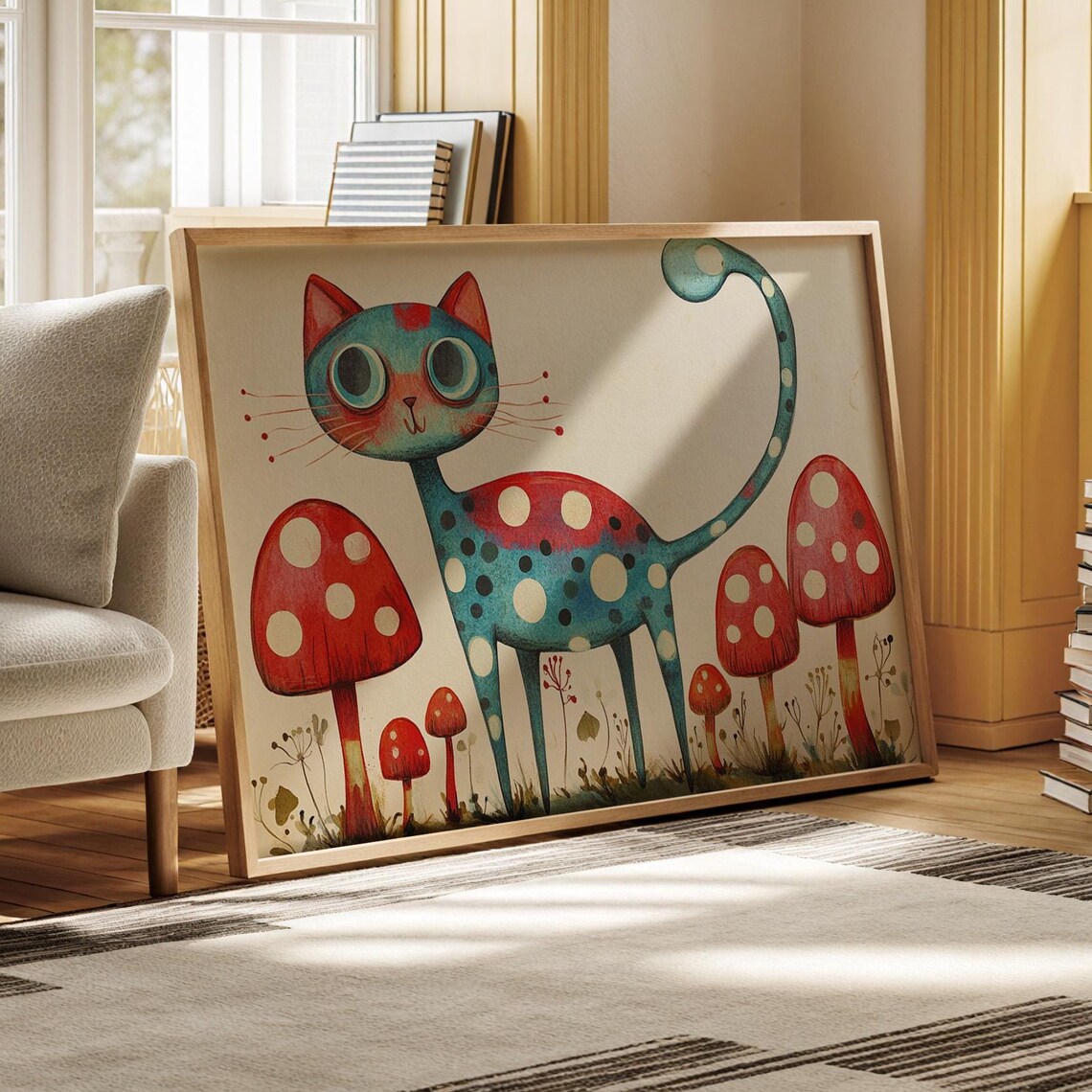 Quirky Polka Dot Blue Cat Among Red Mushrooms Whimsical Animal Poster