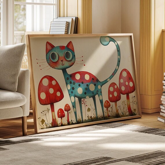 Quirky Polka Dot Blue Cat Among Red Mushrooms Whimsical Animal Poster