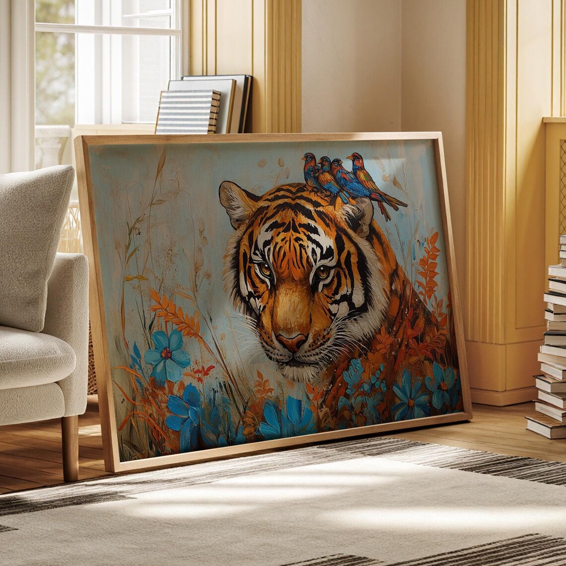 Majestic Tiger Portrait With Perched Birds And Blue Flowers Wall Art