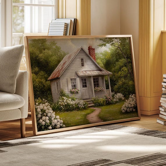 Rustic Country Cottage With Lush Garden Farmhouse Wall Art Vintage Home Decor Cottagecore Landscape Print