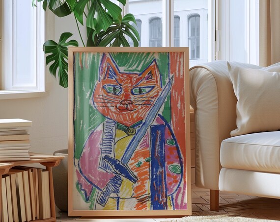Funny Samurai Cat With Katana Sword In Kimono Japanese Cat Poster