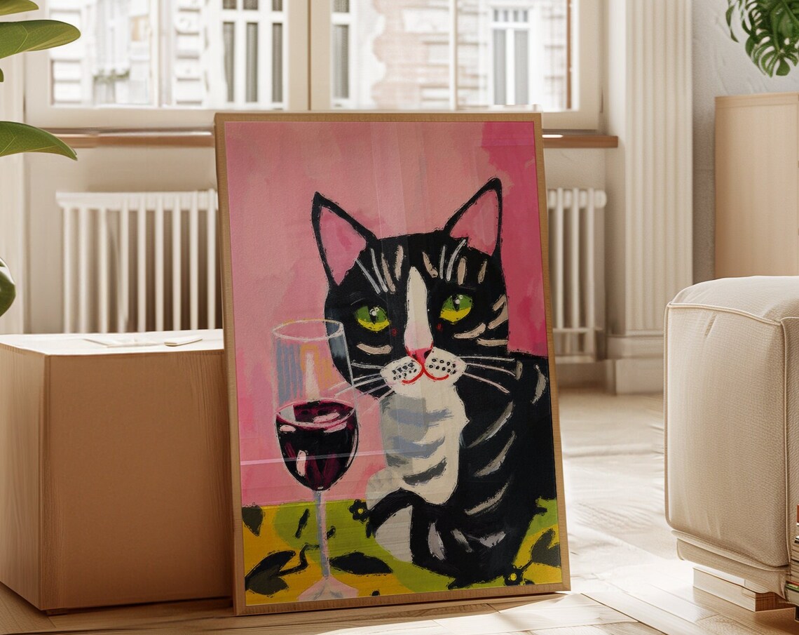 Black Tabby Cat With Green Eyes And A Glass Of Red Wine Poster
