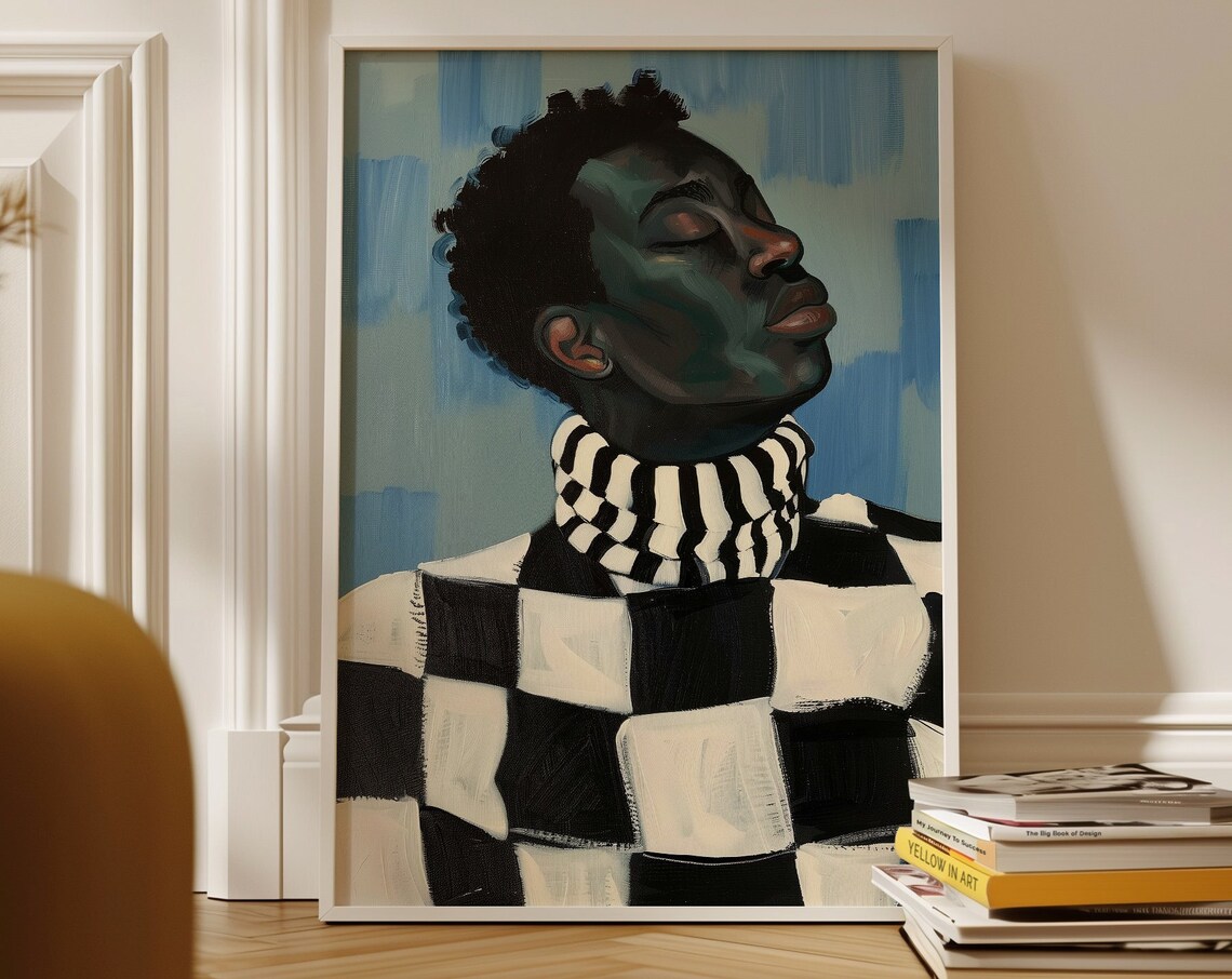 Proud Black Man Checkered Turtleneck Painterly Portrait Art Poster