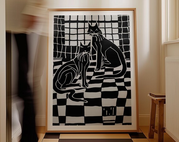 Black and White Linocut Two Cats on Checkerboard Floor Art Deco Poster