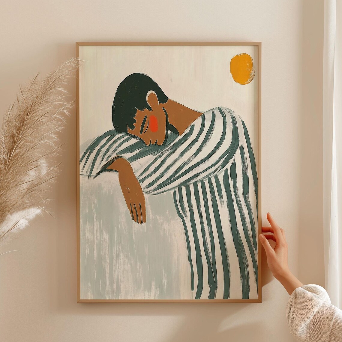 Sleeping Figure in Green Gray Stripes Under Orange Sun Poster