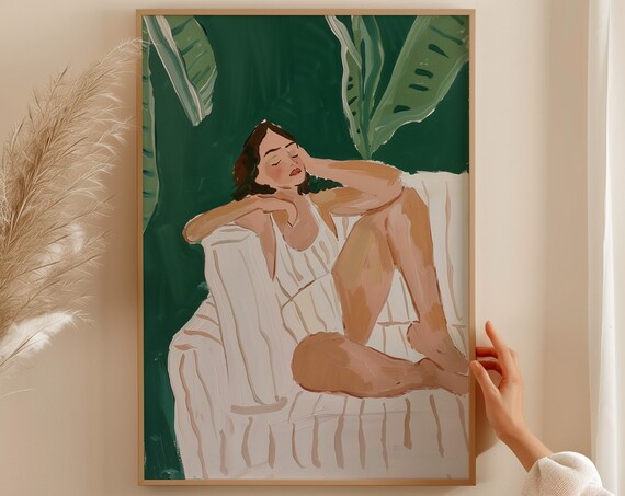 Woman Reclining In White Stripes Tropical Leaves Matisse Style Portrait Poster