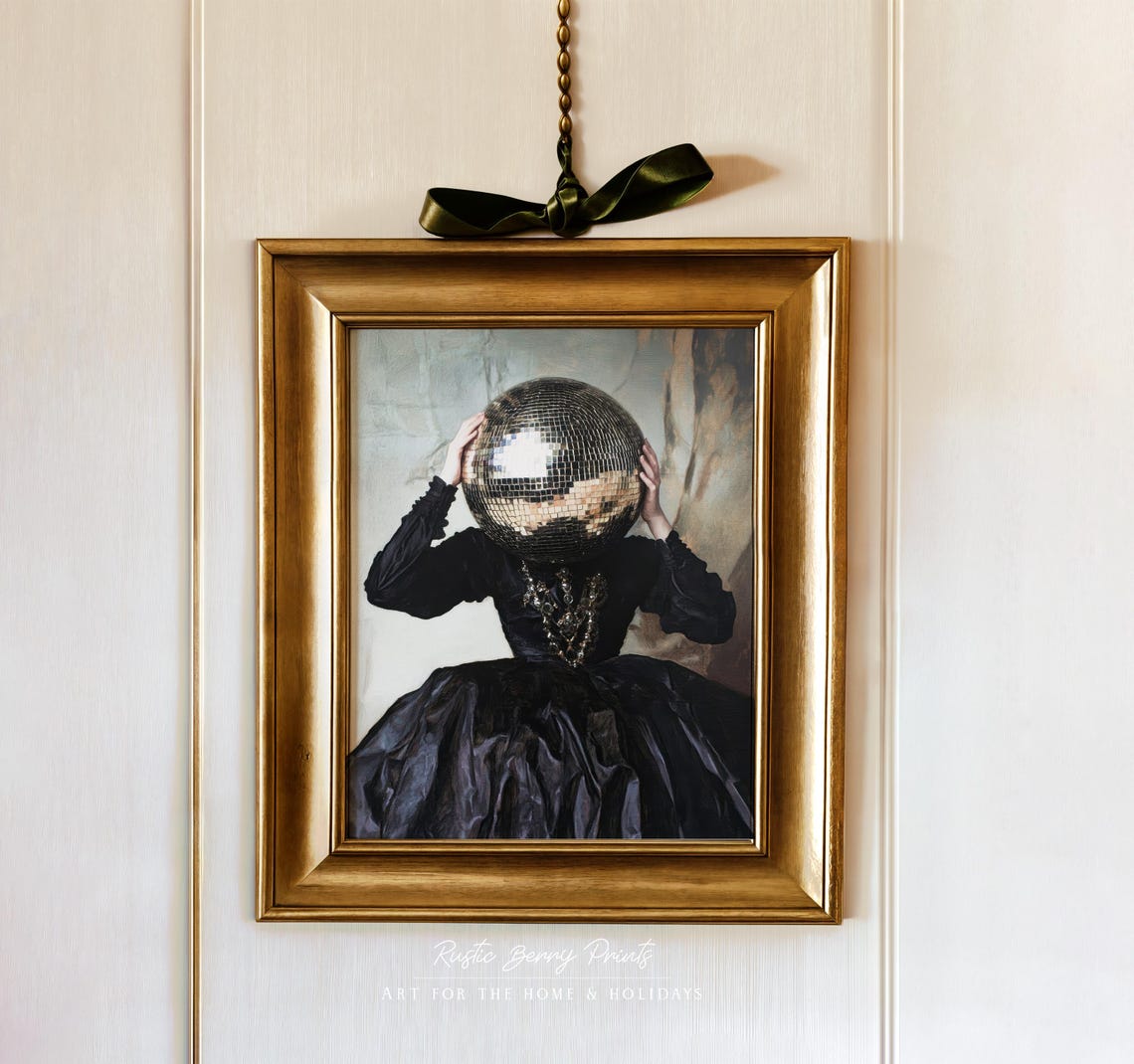 Black Gown Woman Disco Ball Head Mysterious Antique Art Print
