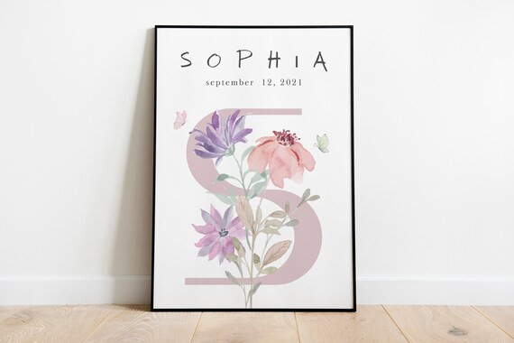 Custom Personalised Watercolour Floral Initial S Nursery Poster